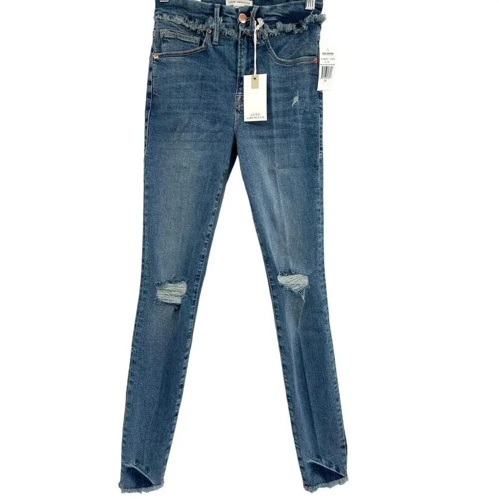 Good American Good Legs Under Fray Waistband High Rise Skinny Jeans Size 00 - Picture 2 of 13